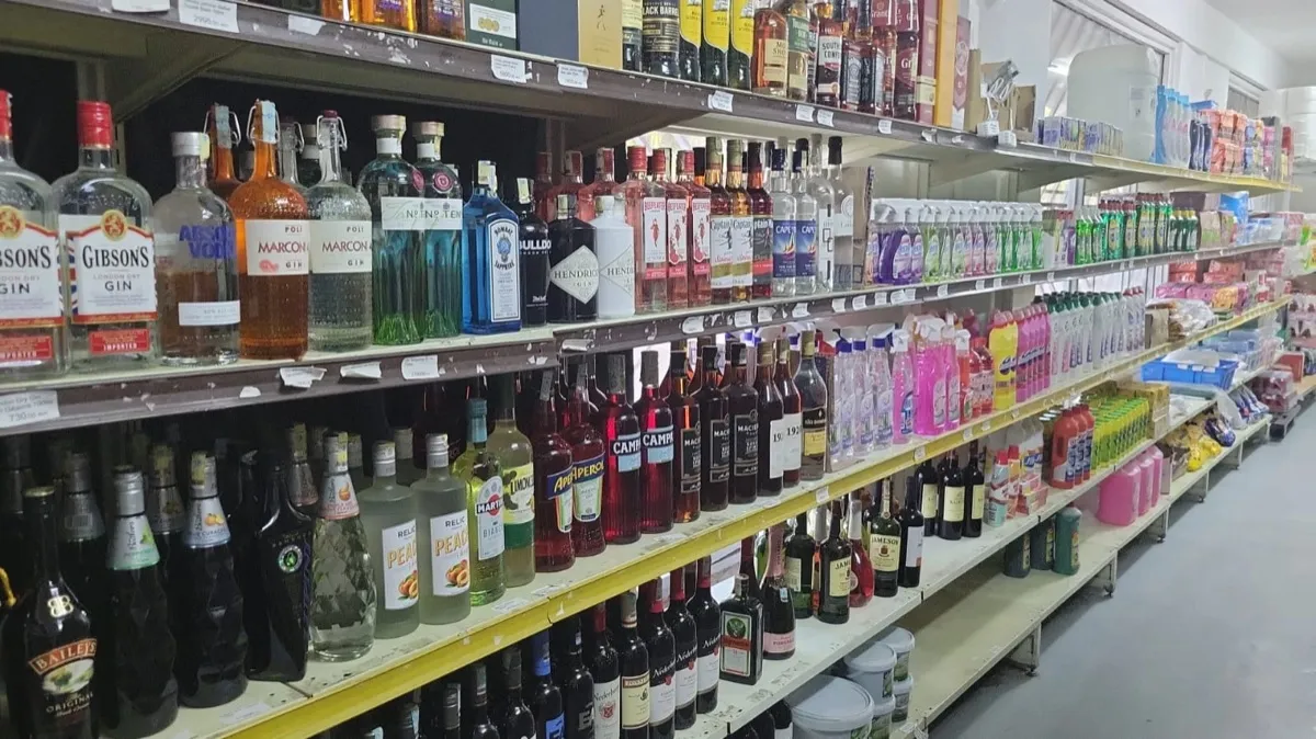 Shelves of gin, vodka and other spirits